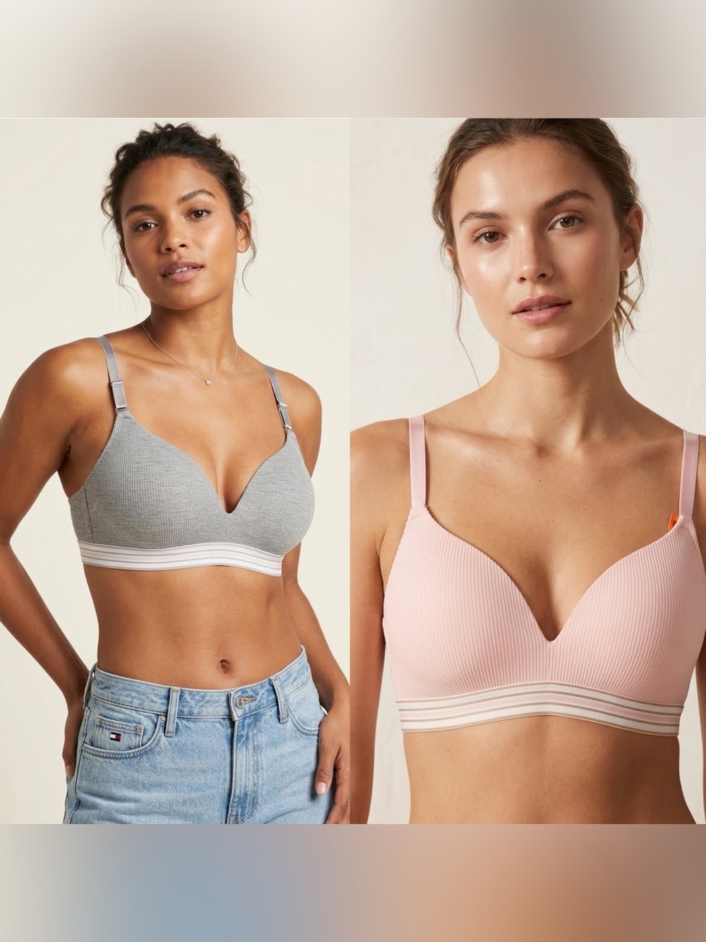 C&C California Seamless Ribbed Wireless Bralette Set Gray & Blush Pink NEW 38C